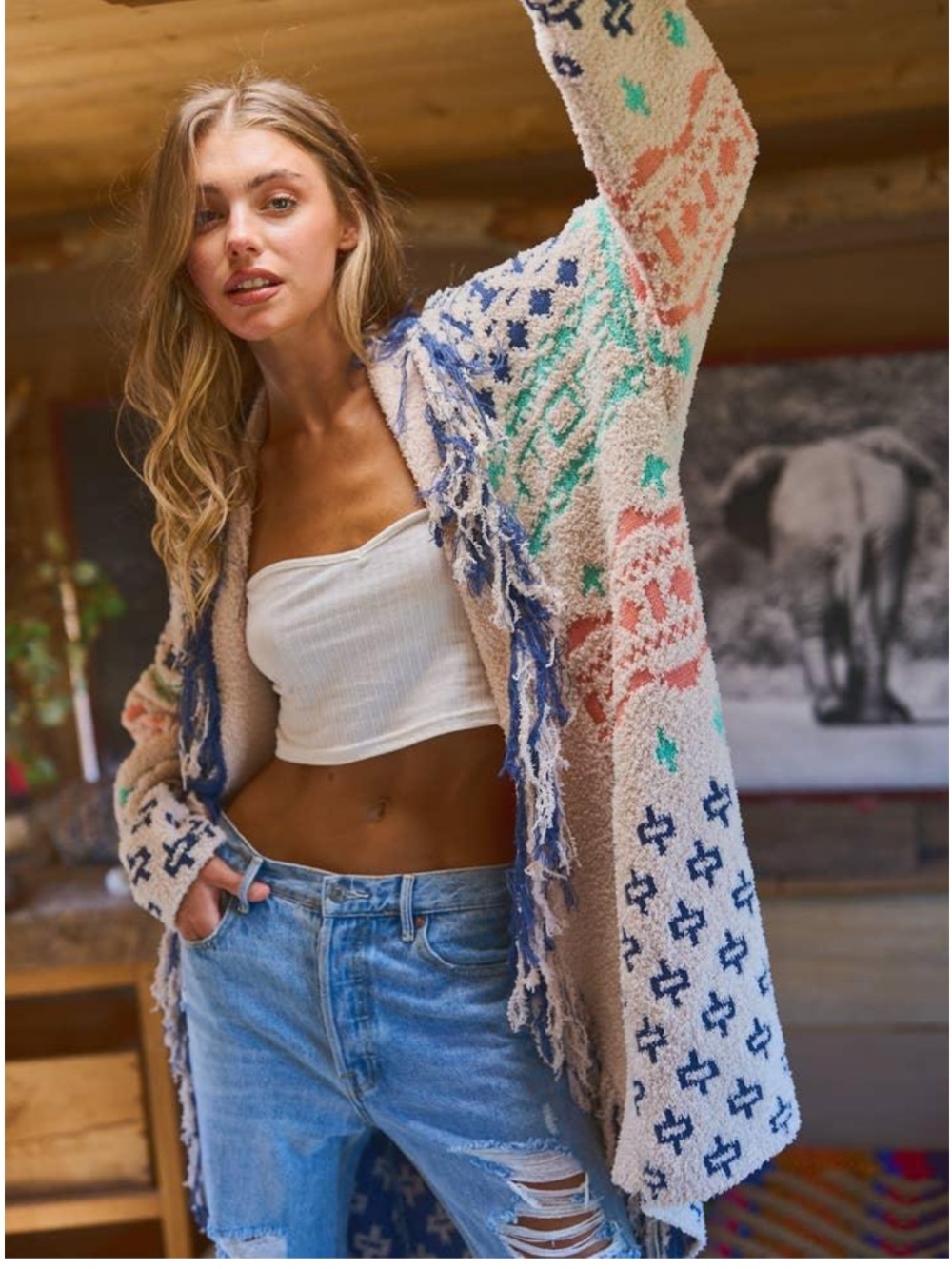Blue B Cozy Aztec Cardigan Blanket Sweater Oversized Small Long Length Bohemian - Picture 3 of 16